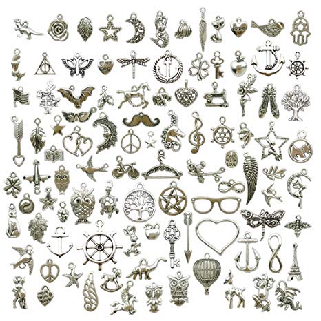 100g (about 100pcs) Craft Supplies Small Antique Silver Charms Pendants for Crafting, Jewelry Findings Making Accessory For DIY Necklace Bracelet (Antique Silver Charms)