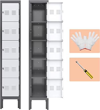 Metal Lockers for Employees,5-Tier Storage Locker,Locker Cabinet for Home Gym Office School Garage with Mirror,Screwdriver,Gloves,Unassembled (Grey White, 5-Tier)