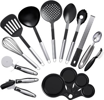 Vremi 15-Piece Kitchen Gadgets Set with Nonstick Cooking Utensils and Collapsible Measuring Cups; includes Can Opener, Small Whisk, Vegetable Peeler, Microplane Grater, Pizza Cutter, Ice Cream Scoop