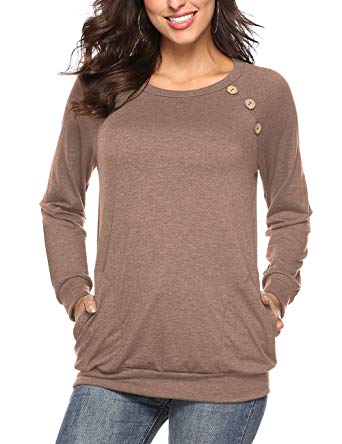 Womens Button Long Sleeve Tops Casual Blouses T-Shirt Round Neck Pockets Top
