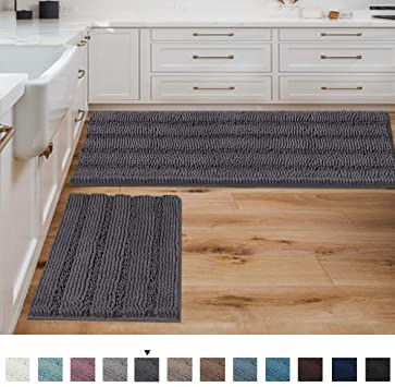 Bathroom Rugs Bath Mats Sets Super Absorbent Chenille Striped Bath Mats Non Skid Machine Wash Dry Rugs for Bathroom Floor Set of 2(Grey, 47 x 17 Plus 17 x 24 - Inches)