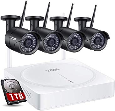 ZOSI 1080P FHD Wireless Security Camera System Outdoor Indoor, 4CH NVR with 1TB Hard Drive Built-in and (4) Weatherproof IP Camera 1080p, Plug and Play, Auto Match, Motion Detection, Remote Access