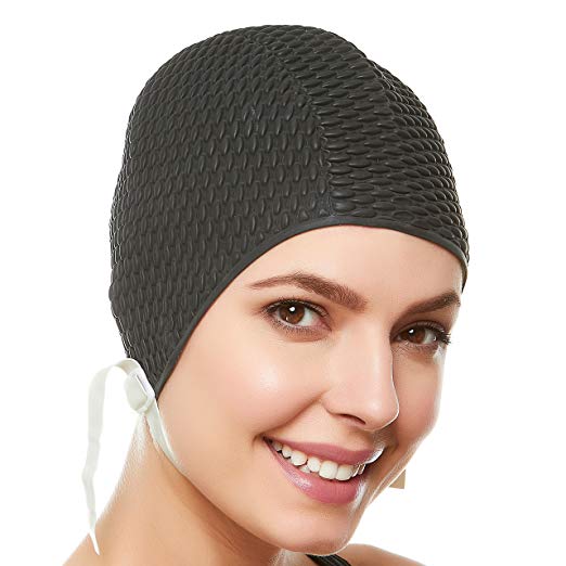 Beemo Swim Bathing Caps for Women or Girls Retro Style Latex Bubble Crepe Swimming Hat with Chin Strap for Long or Short Hair