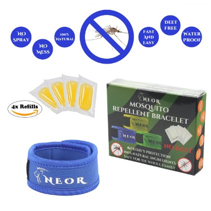 Mosquito Repellent Bracelet by Neor - Zika Virus Prevention - all Natural Insect Repeller with 4 Organic Plant Refills - Ideal Pest Control for Travel - Easy To Use and Safe for Babies - no Spray - Without Deet - Waterproof (Blue)