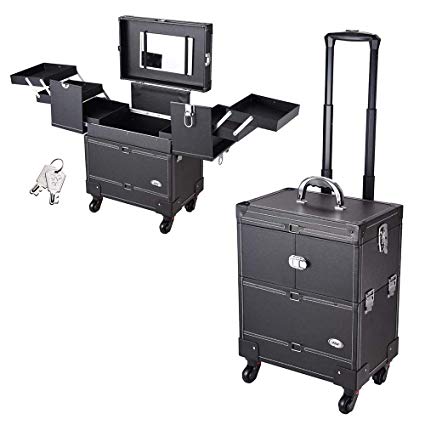 AW Pro 4 360-degreed wheels Rolling Makeup Case Artist Beauty Train Case Trolley Cosmetic Organizer Box Handle Mirror