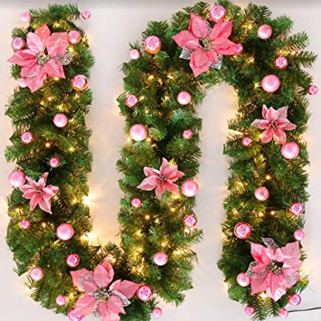 Directtyteam Christmas Garland, No LED 2.7M Fireplaces Stairs Decorated Garlands Xmas Tree Festival (Pink)