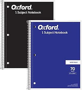 Oxford Spiral Notebooks, 1-Subject for School, Wide Ruled Paper, 70 Sheets, 8 x 10.5 Inches, Black, Blue, 2 Pack (1002539)