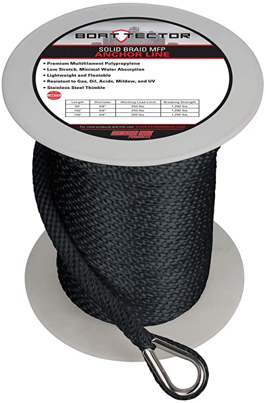 Extreme Max 3006.2291BoatTector 3/8" x 150' Premium Solid Braid MFP Anchor Line with Thimble,, Black