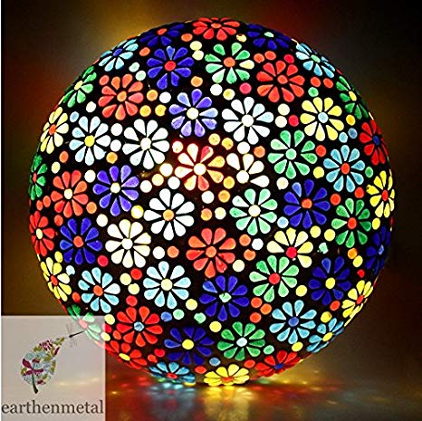 Earthenmetal Handcrafted Mosaic Decorated Circular Multicoloured Flowers Glass Ceiling Lamp ,Multi Color