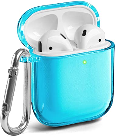 AirPods Case, GMYLE Silicone Protective Shockproof Case Cover Skins with Keychain Compatible with Apple AirPod 2 & 1 (Clear Neon Blue)