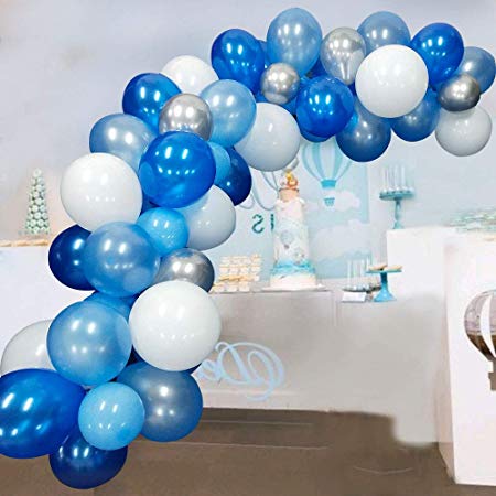 Blue Balloons Garland Kit 117 Pcs Navy Sky Blue White and Silver Metallic Balloons for Parties with 16Ft Balloon Strip Glue Dots for Baby Shower Wedding Birthday Party