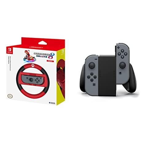 HORI Nintendo Switch Mario Kart 8 Deluxe Wheel (Mario Version) Officially Licensed By Nintendo - Nintendo Switch & PowerA Joy Con Comfort Grips for Nintendo Switch - Black