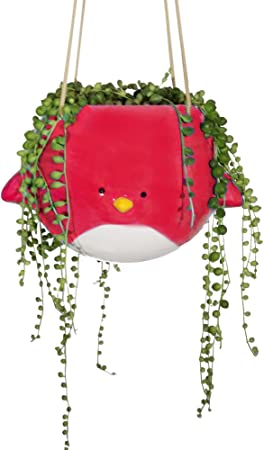 Hanging Planter | Red Bird Ceramic Planter 7 in Wide, 4.25 in Opening | Rot-Resistant Nylon Rope & S-Hook Included | Indoor or Outdoor Use