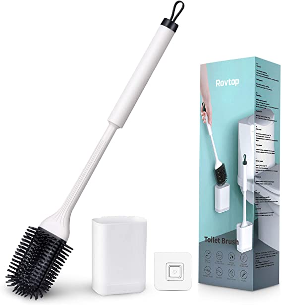 Rovtop Toilet Brush, Silicone Toilet Brushes with No-Slip Long Plastic Handle and Quick Drying Holder, and Wall Sticker, for Bathroom Toilet (White)