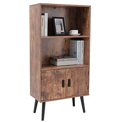 usikey Mid-Century Bookcase Storage Cabinet, 2-Tier Bookshelf Wine Cupboard with Door, Storage Rack Shelf for Books Photos Decorations, in Living Room Office Library, Rustic Brown