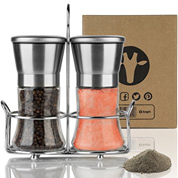 Salt and Pepper Grinder Set - Freshly Grinds Whole Peppercorns or Coarse Sea Salts, 2 Piece Stainless Steel and Glass Combo, Tabletop Stand Included with Mills - 100% Satisfaction Guaranteed