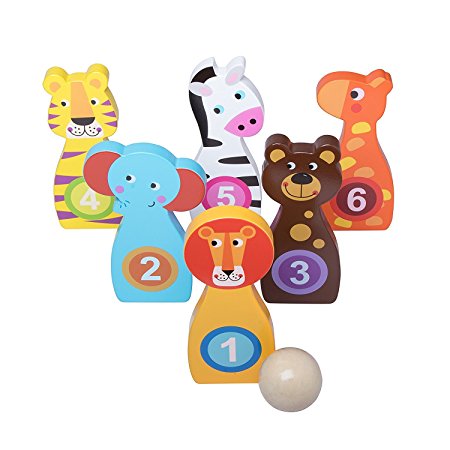 Kids Bowling Game Set – Indoor Wooden Toy Playset - Includes 6 Numbered Animal Pins & Bowling Ball – Teach Kids To Bowl & Count w/ This Fun Active Toy