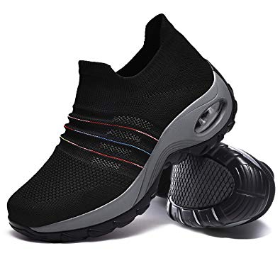 Hotaden Walking Shoes for Women, Comfortable Platform Walking Shoe Flyknit Sneaker Nurse Breathable Slip on Sock Shoes Loafers with Gradient Color Line