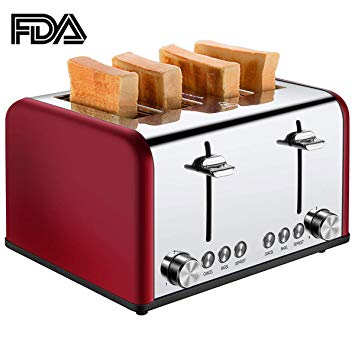 Toaster 4 Slice, CUSIBOX Stainless Steel Toaster with BAGEL/DEFROST/CANCEL Function, Extra Wide Slots Four Slice Bread Bagel Toaster, 1650W, Red