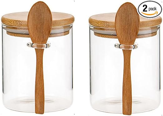 2 Pack of Airtight Glass Jars with Bamboo Lid & Spoons Glass Containers Glass Canning Jars for Salt,Nuts,Coffee Bean,Sugar,Dry Goods,Cookie,Candy,Tea,Spices