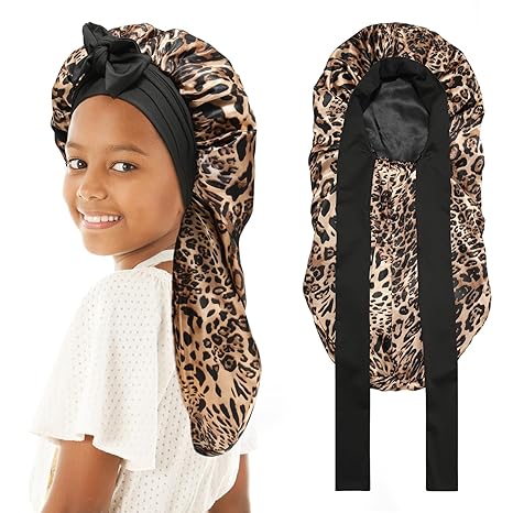 Kids Long Hair Bonnet for Sleeping - Double Layer Girls Elastic Satin Bonnet with Tie Band for Braid Curly Hair (Leopard Black)