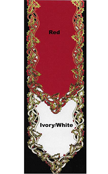 Newbridge Holly Twist Christmas Embroidered Fabric 70 inch Table Runner, Luxury Holiday Xmas Scalloped Table Runner, 70 inch Long Table Runner, Red