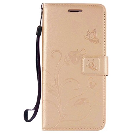 XKAUDIE(TM) Gold Luxury Flower Butterfly Emboss Premium PU Leather Wallet Case with Wrist Strap Flip Case Cover for Samsung Galaxy Grand Prime G530