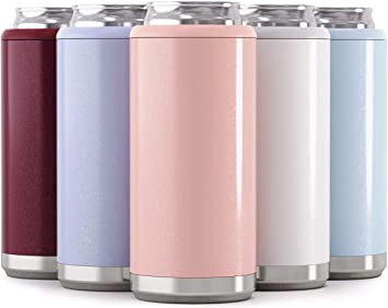 Maars Skinny Can Cooler for Slim Beer & Hard Seltzer | Stainless Steel 12oz Koozy Sleeve, Double Wall Vacuum Insulated Drink Holder - Glitter Lilac