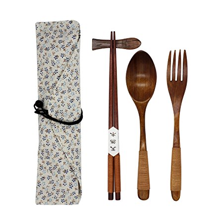 Japanese Natural Wooden Tableware Sets of 5-pieces (1 Spoon, 1 Chopsticks, 1 Fork, 1 Chopsticks Holder, 1 Tableware Bag) (Q15106)