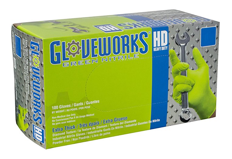 AMMEX - GWGN46100-BX - Nitrile Gloves - Gloveworks - HD, Disposable, Powder Free, 8 mil, Large, Green (Box of 100)