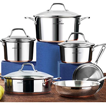 HOMI CHEF 10-Piece Mirror Polished Copper Band NICKEL FREE Stainless Steel Cookware Pots and Pans Sets (No Toxic Non Stick Coating, 2 Frying Pans  1 Saute Pan  2 Sauce Pans  1 Stock Pot) 20172