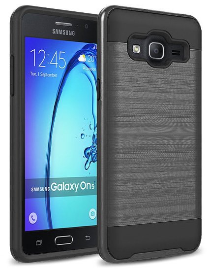 On 5 Case, Samsung Galaxy On5 Case, kaesar [Slim Fit] [Shock Absorption] [Impact Resistant] Brushed Metal Texture Hybrid Dual Layer Slim Protector Case Cover for Samsung Galaxy On5 - Black