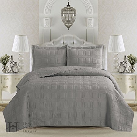 Terra Collection 3-Piece Luxury Quilt Set with Shams. Soft All-Season Microfiber Bedspread & Coverlet in Solid Colors with Embroidered Box Design. By Home Fashion Designs Brand. (Twin, Glacier Grey)