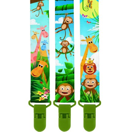 Pacifier Clip by KiddosArt Premium 3 Pack2-Sided of JUNGLE THEME Stunningly Designed Pacifier Holders Pacifier leash Baby pacifier clip for Girls and Boys Perfect Baby Shower Gift