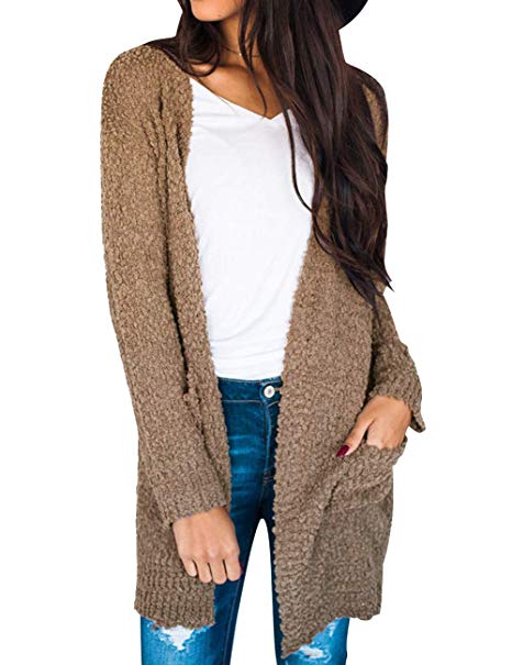 MEROKEETY Women's Long Sleeve Soft Chunky Knit Sweater Open Front Cardigan Outwear with Pockets