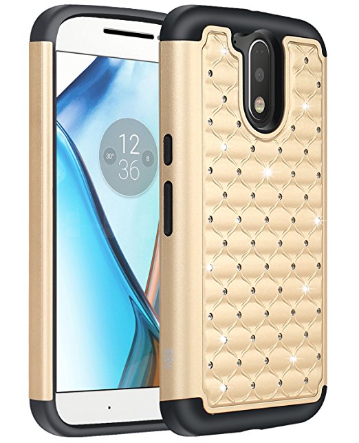 Moto G4 Plus Case, SGM Hybrid Gel Rhinestone Bling Armor Defender Case For Moto G4 Plus (Gold)