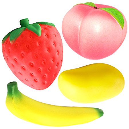 ZLF Squishy Toys Fruit, Jumbo Slow Rising Kawaii Squishies Fruits Toys For Releasing Stress Strawberry Peach Banana Mango Charms Toys for Kids an Adults, Set of 4