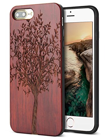 Unique iPhone 8 Plus Case,iPhone 7 Plus Cover, Real Wood Carving floral & Soft Rubber Corner Cushion Slim Protective iPhone 7 Plus Case