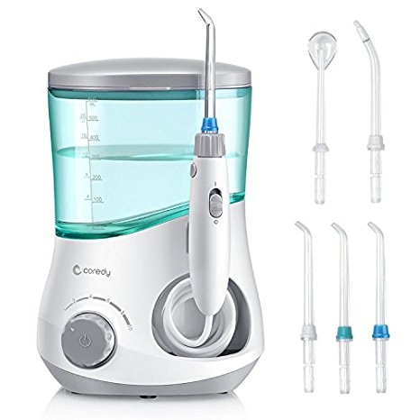 Coredy Oral Irrigator Water Flosser 600ml Professional Counter Top Power Floss Dental Water Jet with 5 Flossing Tips for Teeth, Brace and Bridge, 10 Water Pressure Settings, IPX6 Splashproof