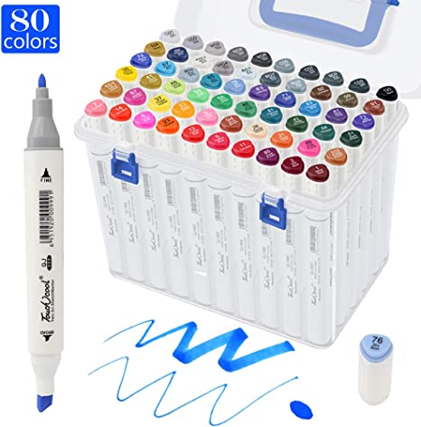 AXEARTE 80 Colors Alcohol Markers Set, Dual Tips Art Markers for Kids, Permanent Twin Sketch Markers Pens for Artist Adult Coloring Drawing Sketching Card Making, Great Gift Idea