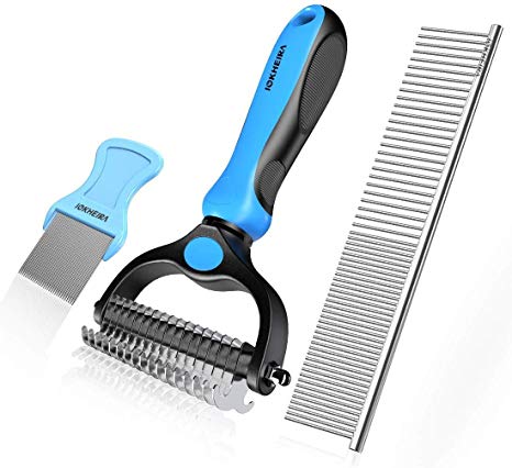 Iokheira Pet Grooming Tools Dematting Comb 2 Sided Undercoat Rake for Dogs and Cats with Medium & Long Hair, Easy for Removing Mats Tangles and Shedding (3 Packs)