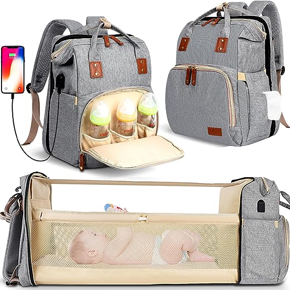 HKZ Diaper Bag Backpack 5 in 1 Baby Diaper Bags for Girls and Boys,Travel Foldable Baby Large with USB Charging Port (Gray)