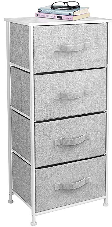 Sorbus Nightstand Chest with 4 Drawers - Bedside Furniture End Table & Dresser for Clothing, Bedroom Accessories, Office, College Dorm, Steel Frame, Wood Top, Easy Pull Fabric Bins (White/Gray)