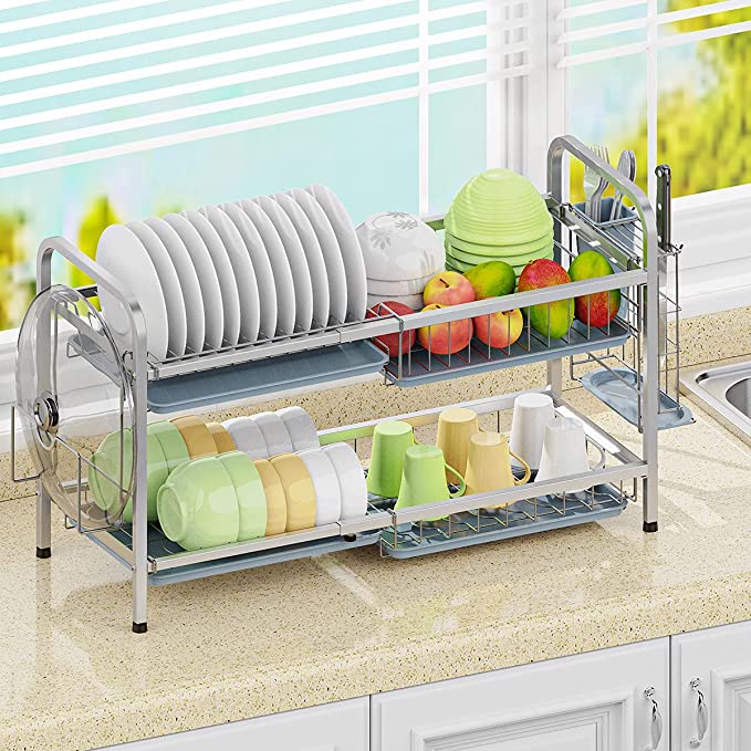 ADOVEL Dish Drying Rack with Drainboard, Adjustable 2 Tier Dish Rack for Kitchen Counter, Stainless Steel - White