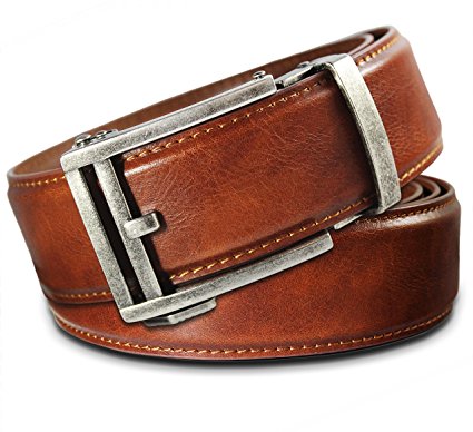 Men's Holeless Leather Ratchet Click Belt with Automatic Sliding Buckle,Trim to Fit