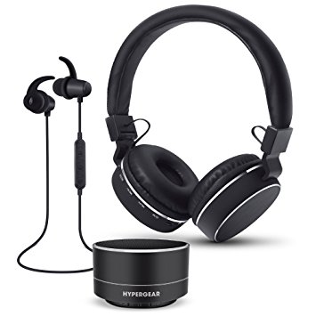 HyperGear Wireless Gift Set - Black Stereo Headphones , Stereo Earbuds , Portable Speaker , S/M/L Ear Gels , Four (4) Extra Ear Fins , 3 Charging Cables , 3.5mm Auxiliary Cable