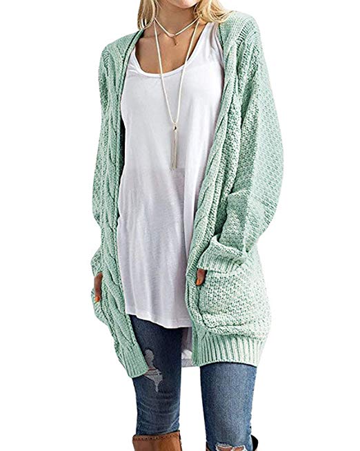 CNFIO Womens Long Sleeve Sweater Cardigan Open Front Loose Chunky Outwear with Pockets
