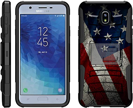 TurtleArmor | Compatible with Samsung Galaxy J7 (2018) Case | J737 [Hyper Shock] Rugged Hybrid Dual Layer Armor Holster Belt Clip Case - American Flag