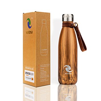 Vatna Vacuum Insulated - Stainless Steel Water Bottle - 17 oz/500 ml - Wide Mouth, BPA Free - Double Wall - Cola Shape - Wood Grain - Leather belt