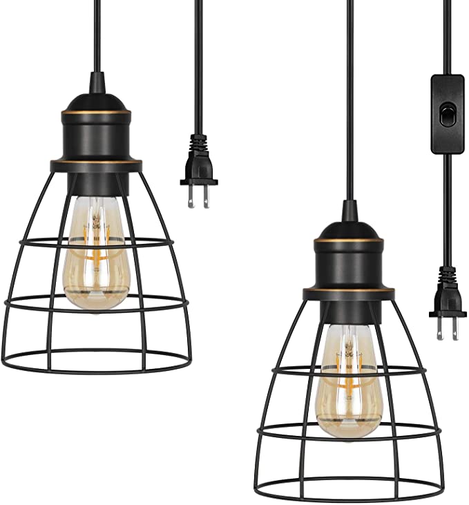 DEWENWILS Plug in Pendant Light, Hanging Lights with Plug in Cord, E26 Base Socket, Industrial Pendant Light Fixtures for Bedroom, Kitchen Island, Dining Hall, 2 Pack, UL Listed